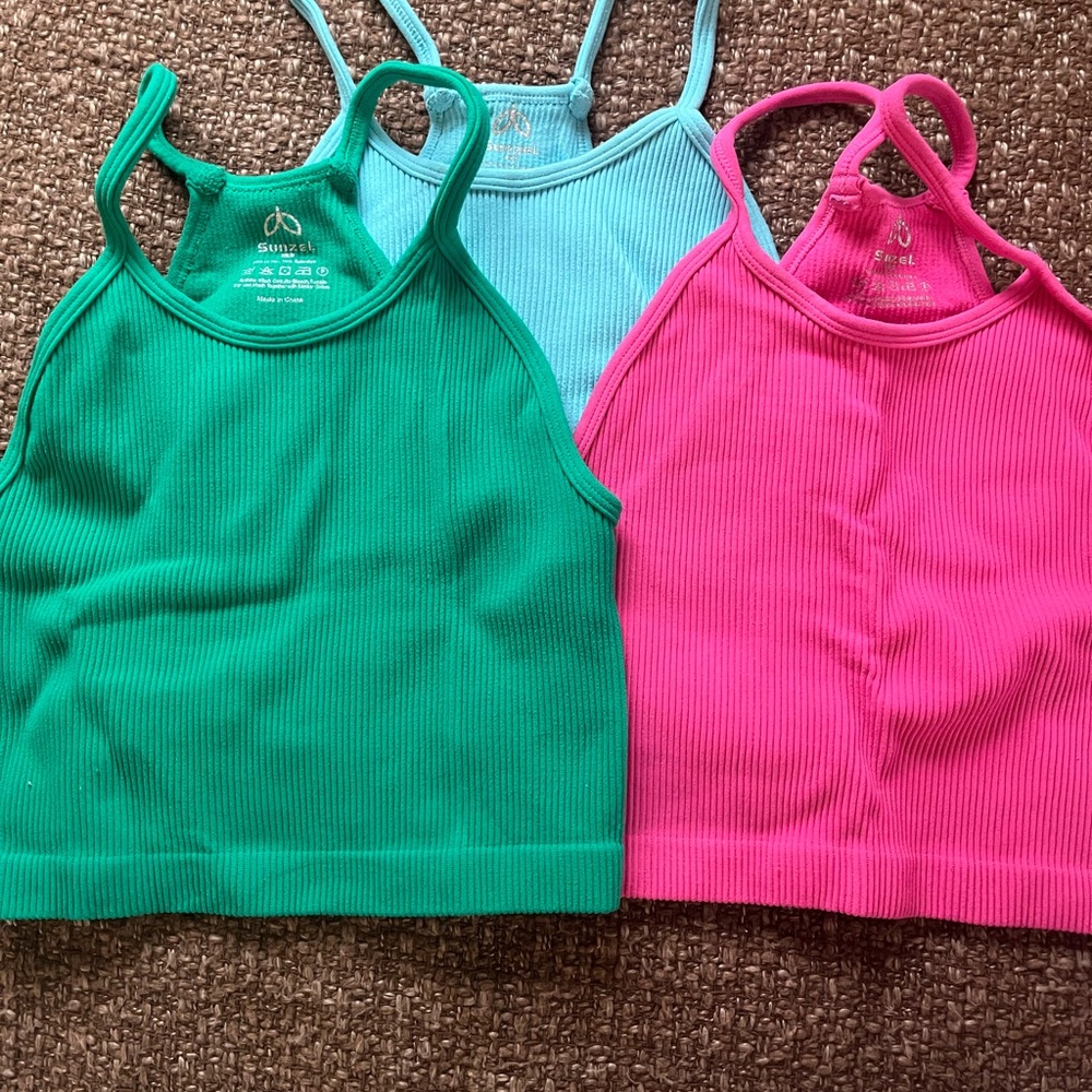 Set of Three Ribbed Tank Tops - Green, Blue, Pink